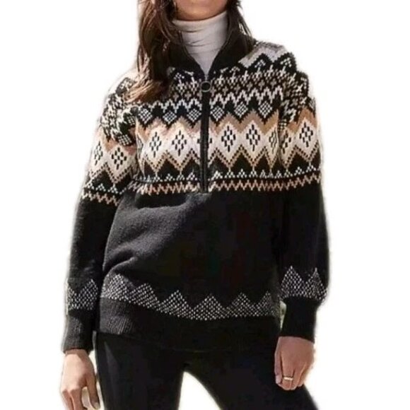 Loft Fair Isle Tunic Sweater Size M Black Tan White 1/2 Zip Relaxed Long Sleeve - Picture 11 of 11